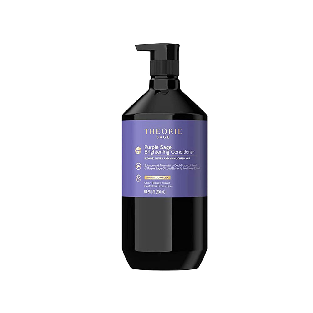 The Theorie Purple Sage Brightening Conditioner bottle showing color-safe brass elimination for blonde hair