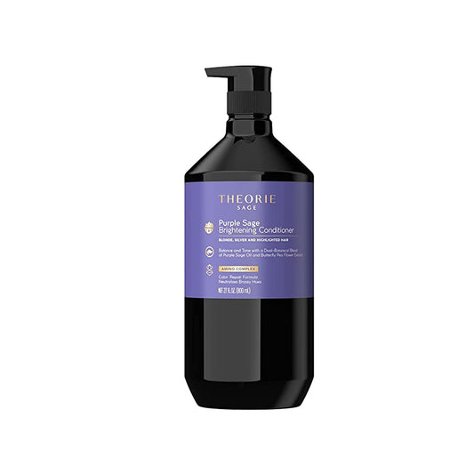 The Theorie Purple Sage Brightening Conditioner bottle showing color-safe brass elimination for blonde hair