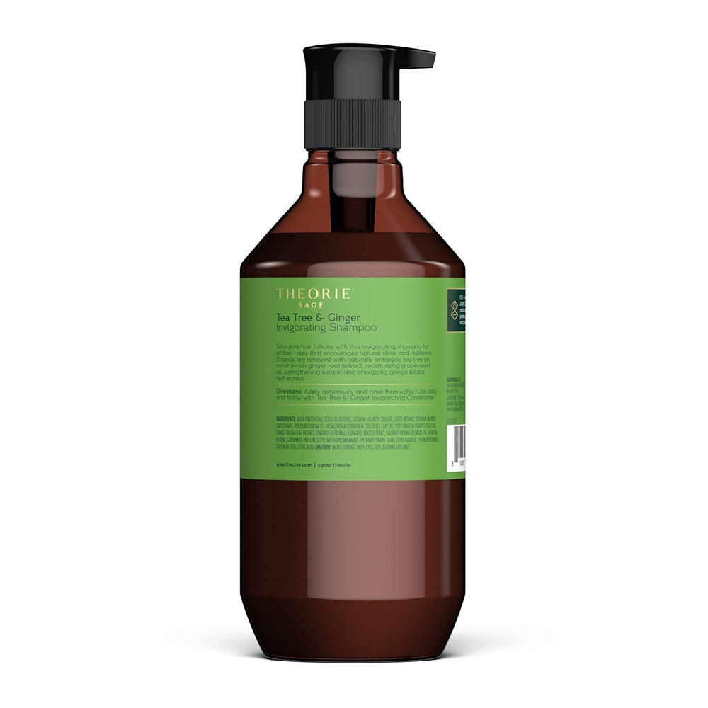 Theorie Tea Tree Ginger bottle closeup shows color-safe formula