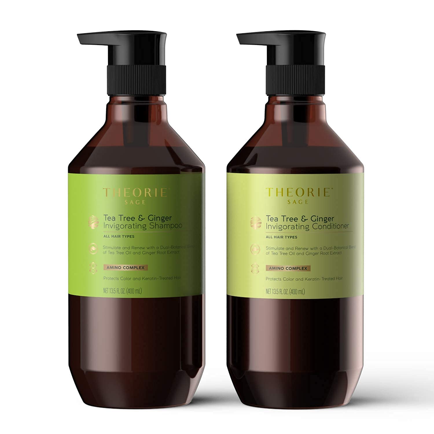 Theorie Tea Tree Ginger bottle label highlights keratin-safe care