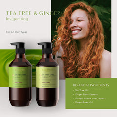 Theorie Tea Tree Ginger shampoo pump-close shows all hair types