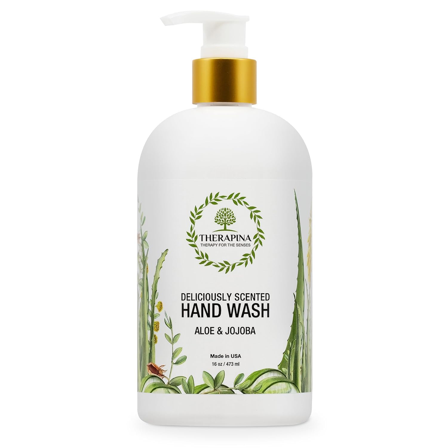 THERAPINA aromatherapy luxury hand soap bottle emphasizes aloe vera for moisturizing skin