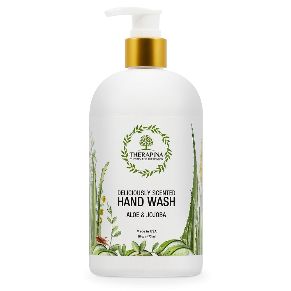 THERAPINA aromatherapy luxury hand soap bottle emphasizes aloe vera for moisturizing skin