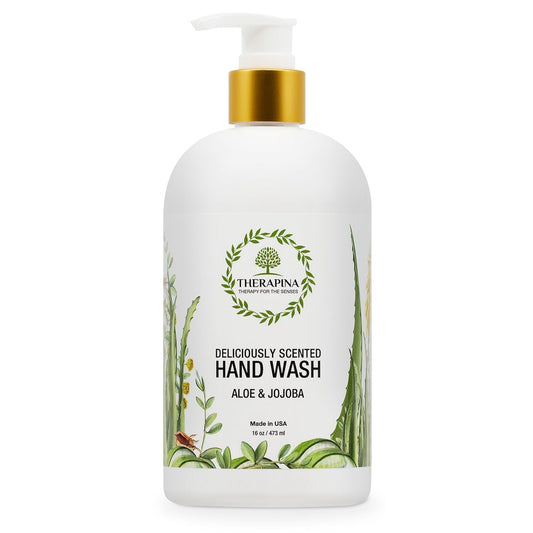 THERAPINA aromatherapy luxury hand soap bottle emphasizes aloe vera for moisturizing skin