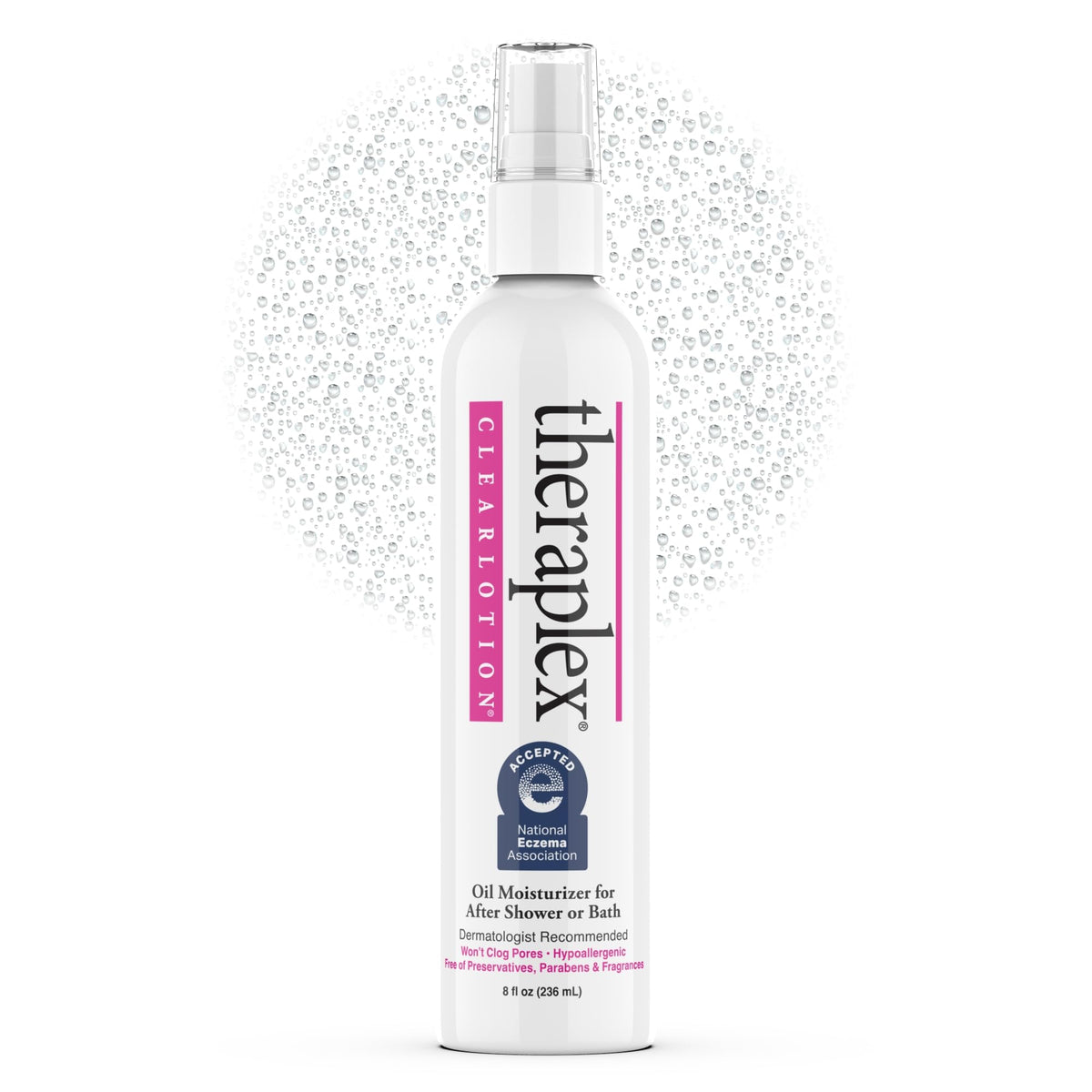 Theraplex Clear Lotion Spray bottle front view, highlighting light hydration for sensitive skin.