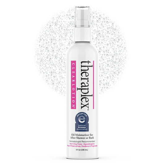 Theraplex Clear Lotion Spray bottle front view, highlighting light hydration for sensitive skin.