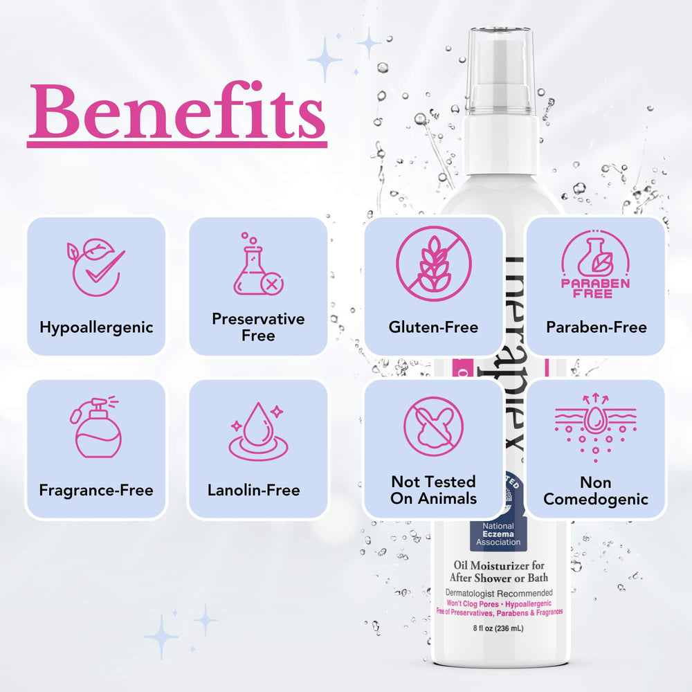Theraplex Clear Lotion Spray close-up texture shows smooth, fast-absorbing oil.