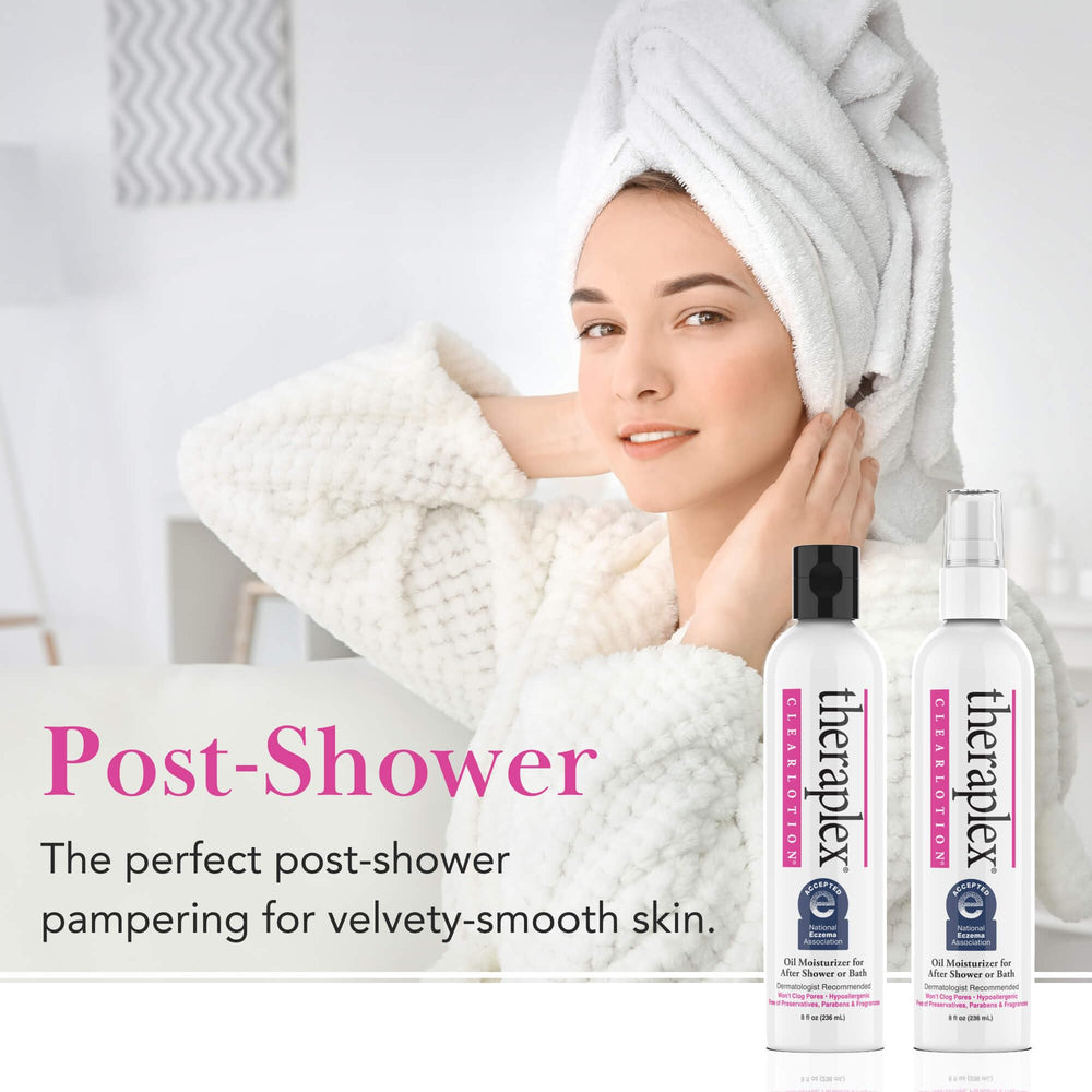 Theraplex Clear Lotion Spray dispensing action shows even coverage.