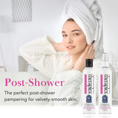 Theraplex Clear Lotion Spray dispensing action shows even coverage.