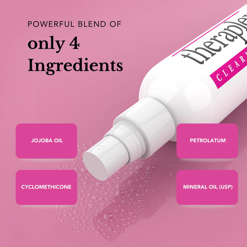 Theraplex Clear Lotion Spray on hands demonstrates a non-greasy feel.