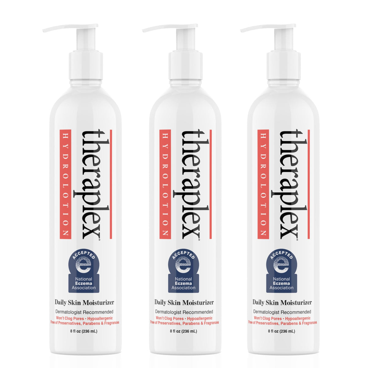 Theraplex Hydrolotion bottle demonstrates fragrance-free daily moisturizer for sensitive skin.