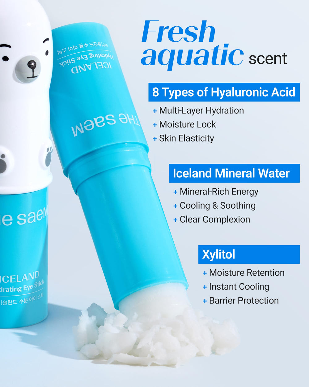 THESAEM Iceland Eye Stick Bundle glacial water close-up emphasizing refreshing cooling sensation