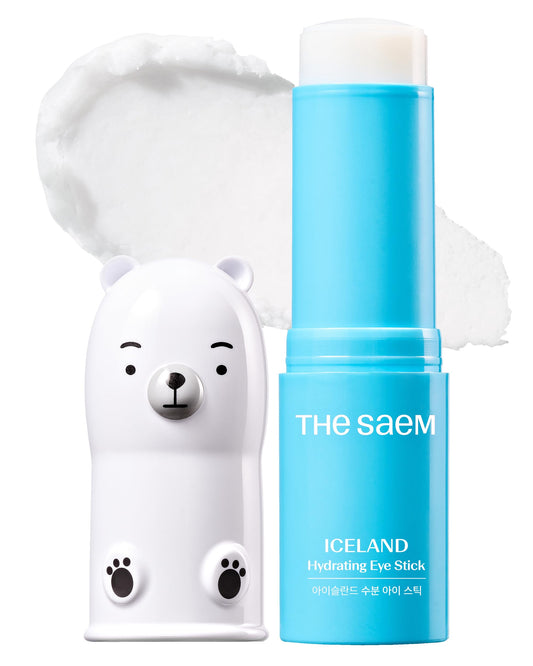 THESAEM Iceland Hydrating Eye Stick applicator showing cooling application for under-eye care
