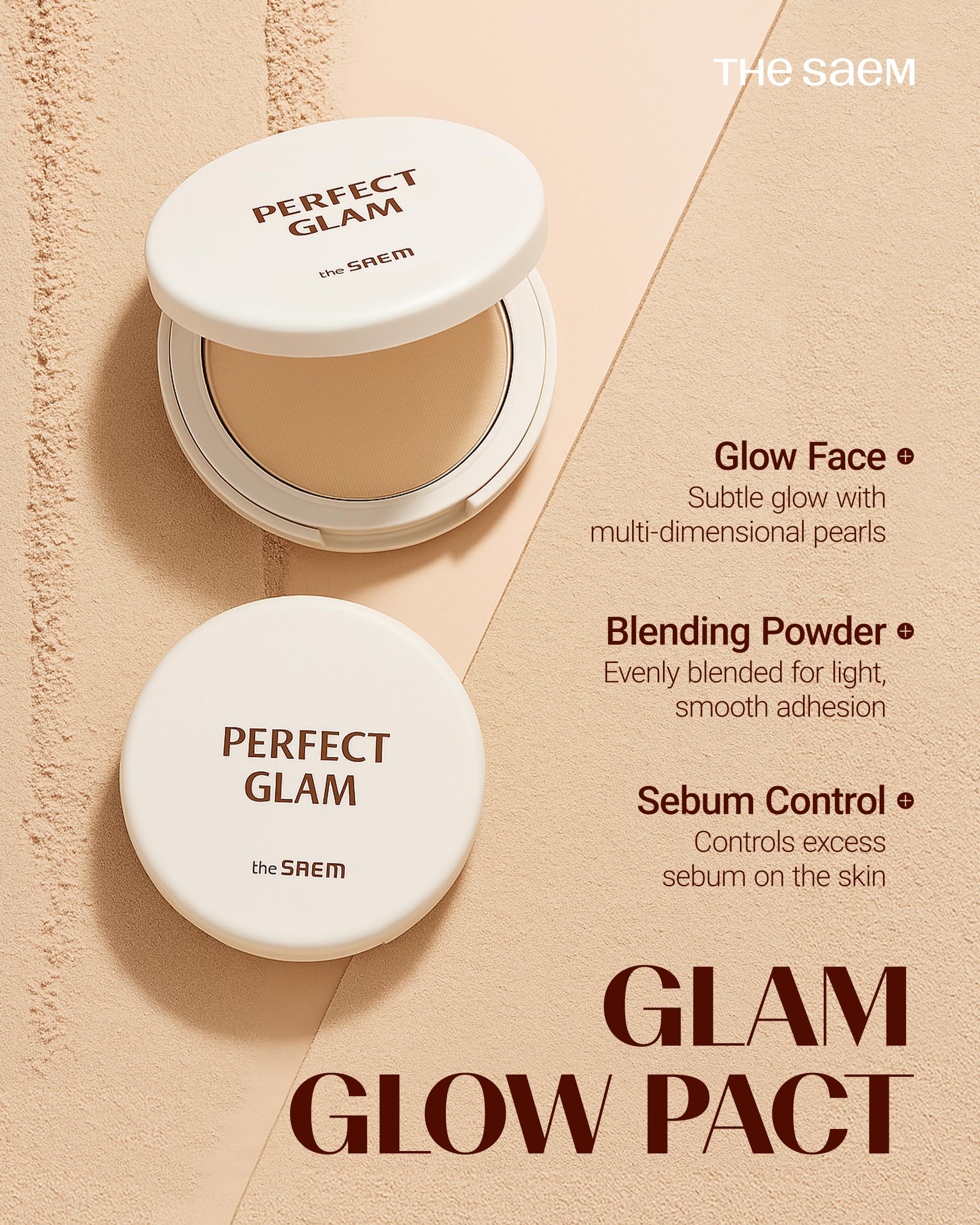 THESAEM Perfect Glam Glow Pact features colorful pearls for subtle shimmer.
