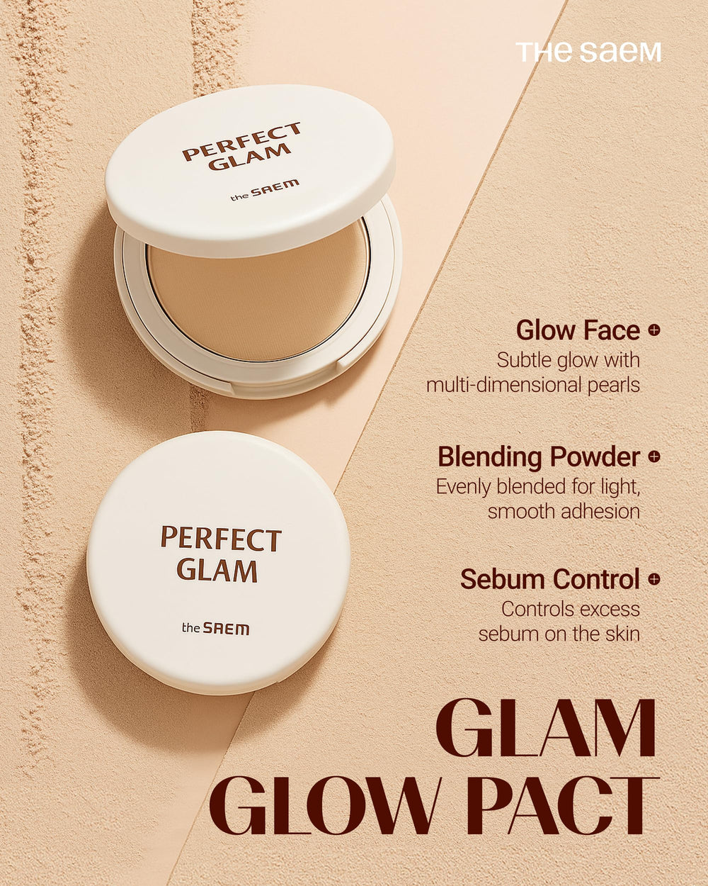 THESAEM Perfect Glam Glow Pact features colorful pearls for subtle shimmer.