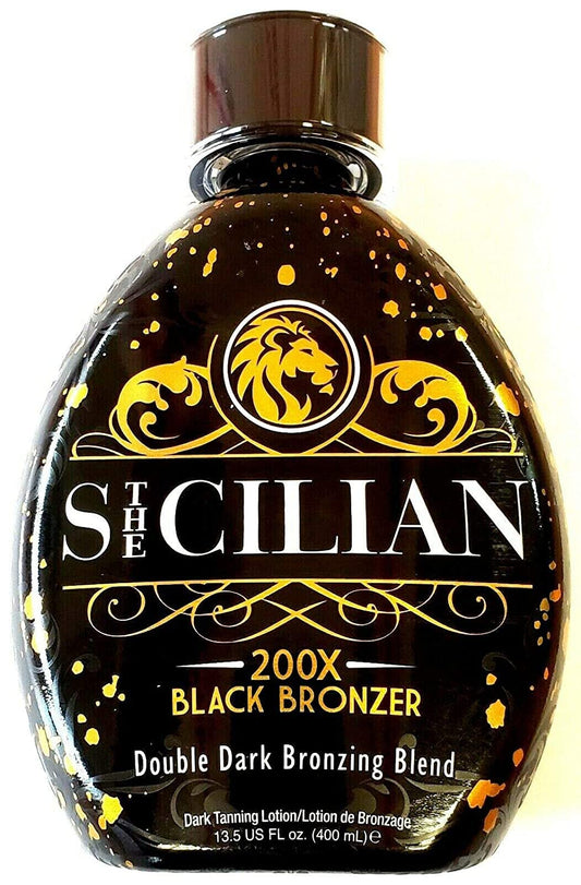The Sicilian 200X Dark Black Bronzer bottle for a rich self-tanner glow.