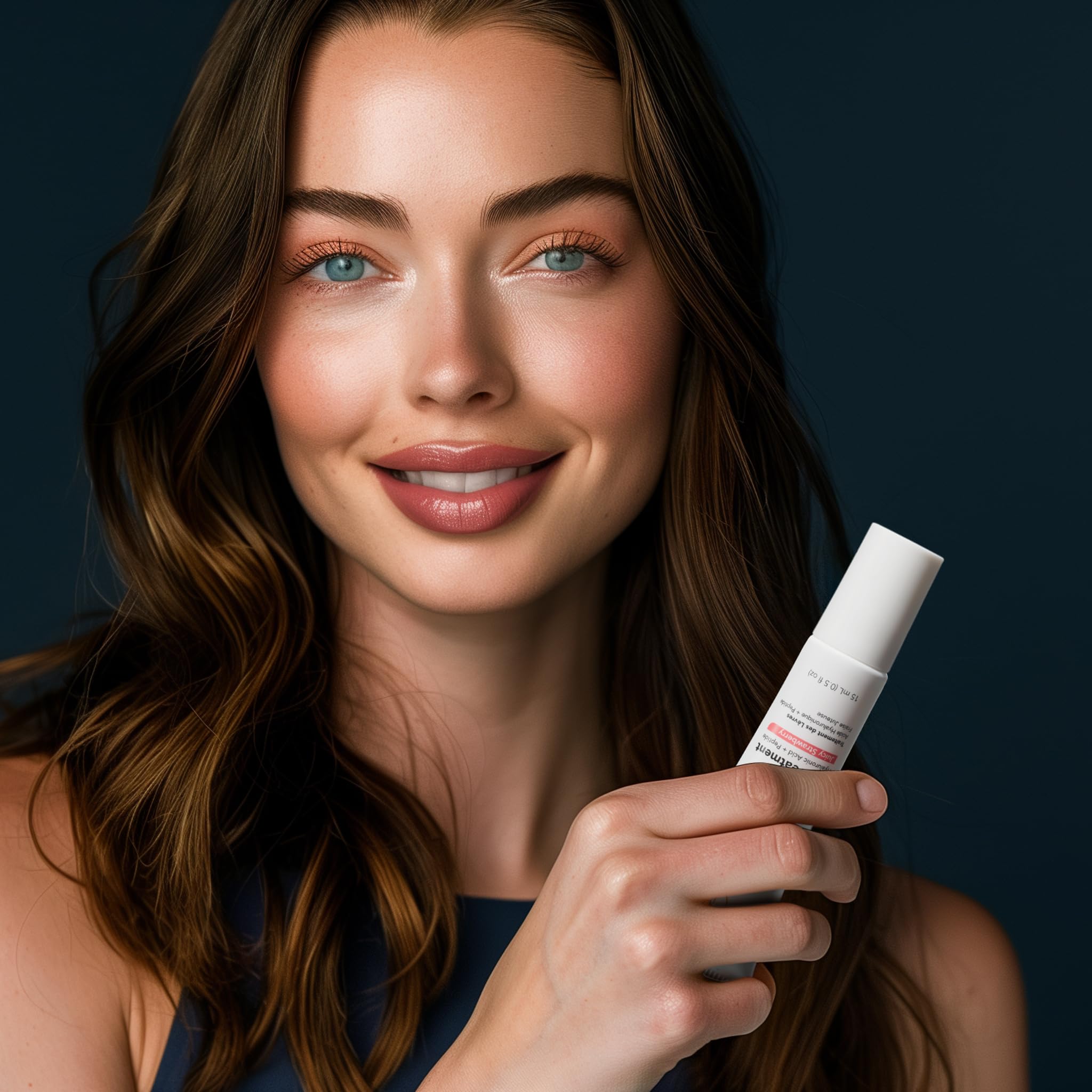 Close-up of lips applying Alfie lip booster for hydration and fullness.