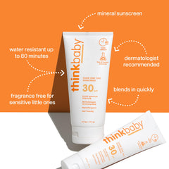 Close-up of Thinkbaby sunscreen being spread on skin for quick coverage