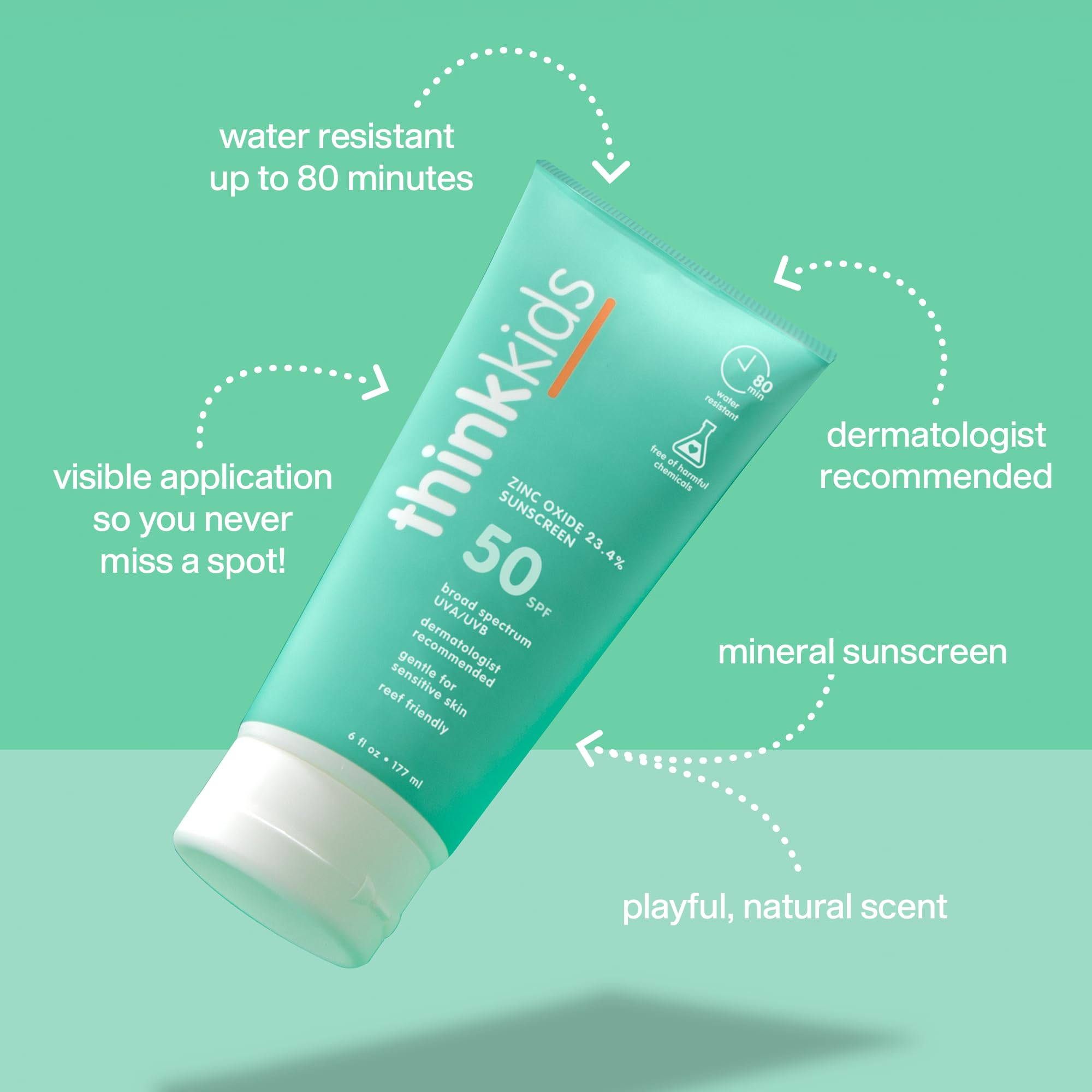 Thinkkids SPF 50+ sunscreen application close-up showing quick, gentle rub-in.