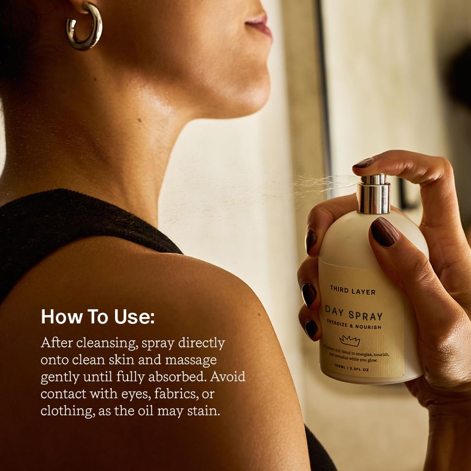 Third Layer Day Spray ingredients: jojoba, moringa, green coffee for nourishing care.