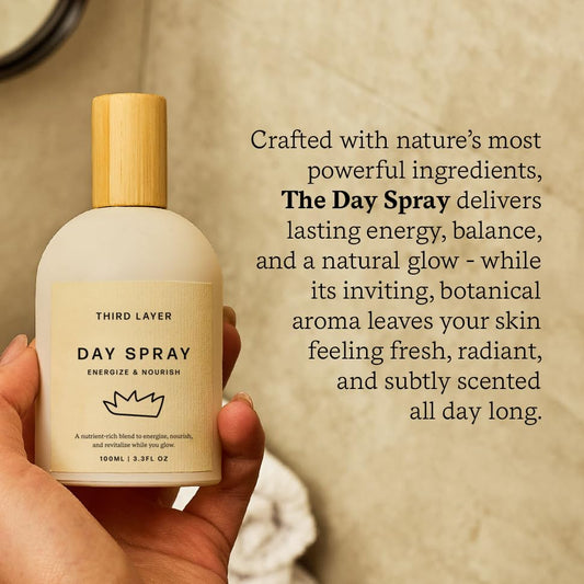 Third Layer Day Spray on skin, arm application, demonstrates fast-absorbing hydration.