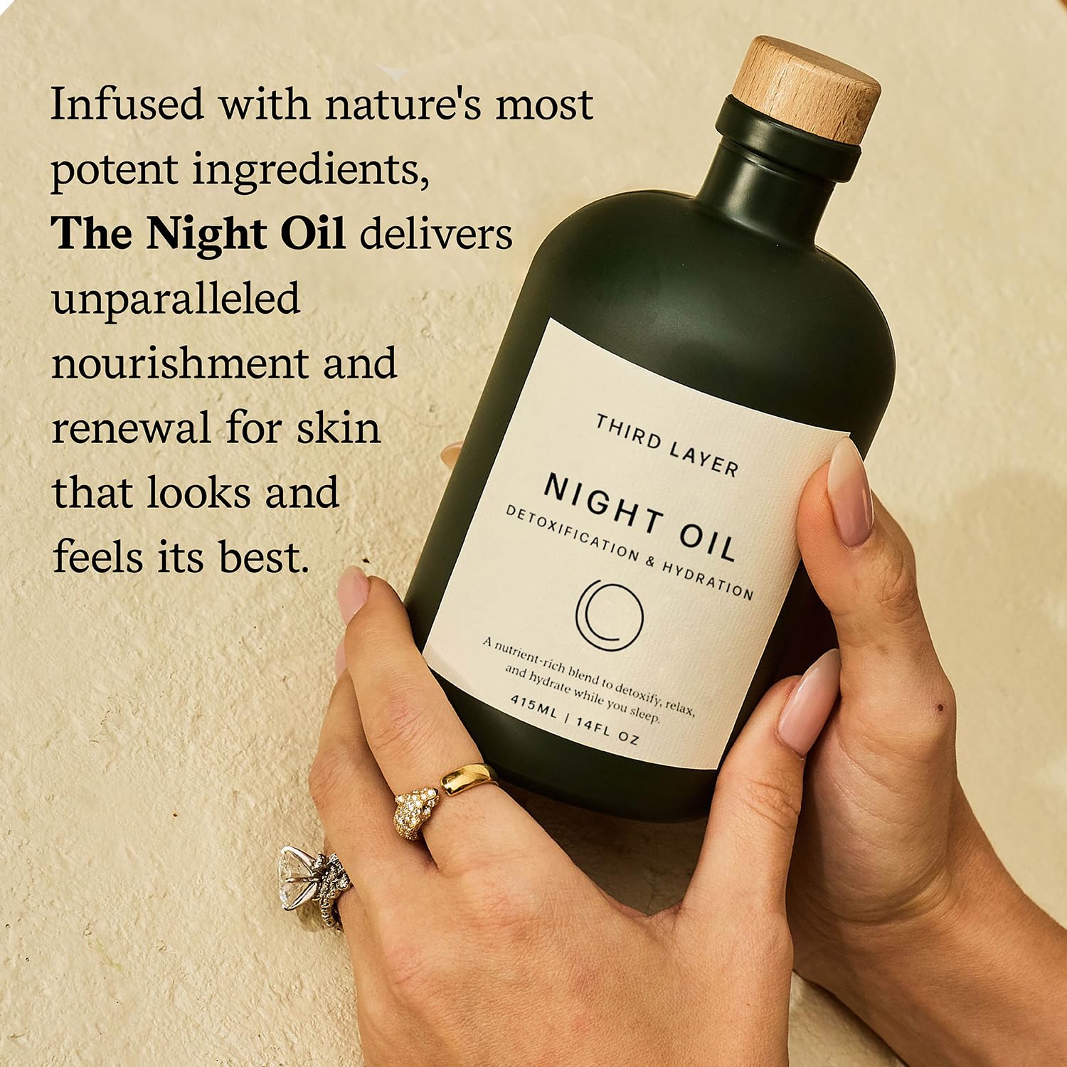 Third Layer Night Oil being massaged onto neck and shoulders at night.