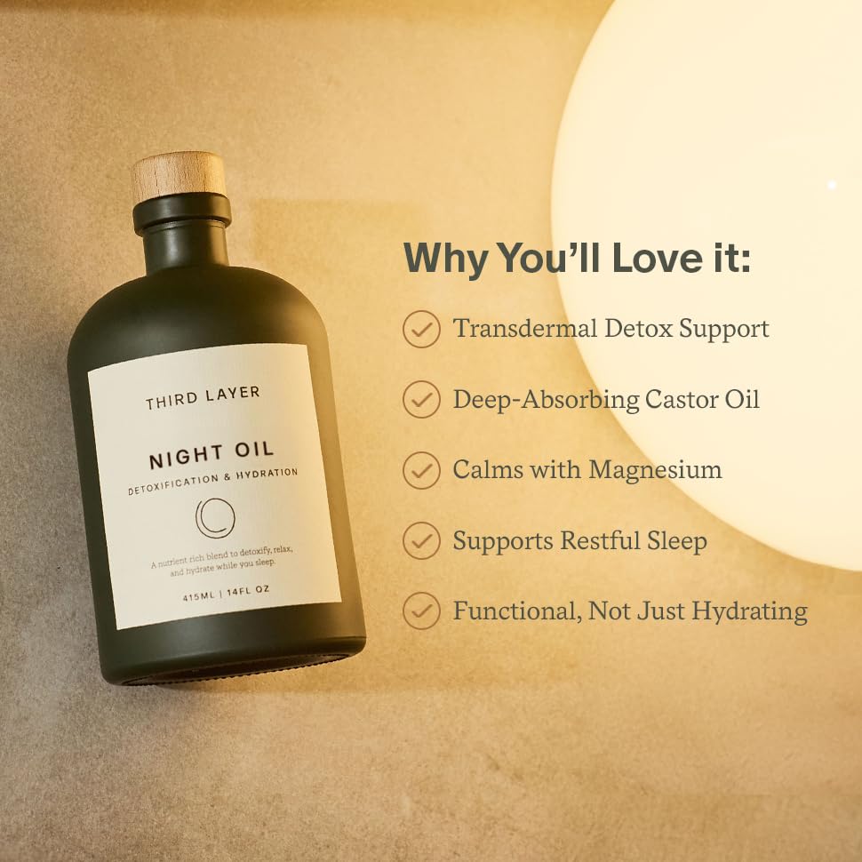 Third Layer Night Oil features magnesium and frankincense for evening care.
