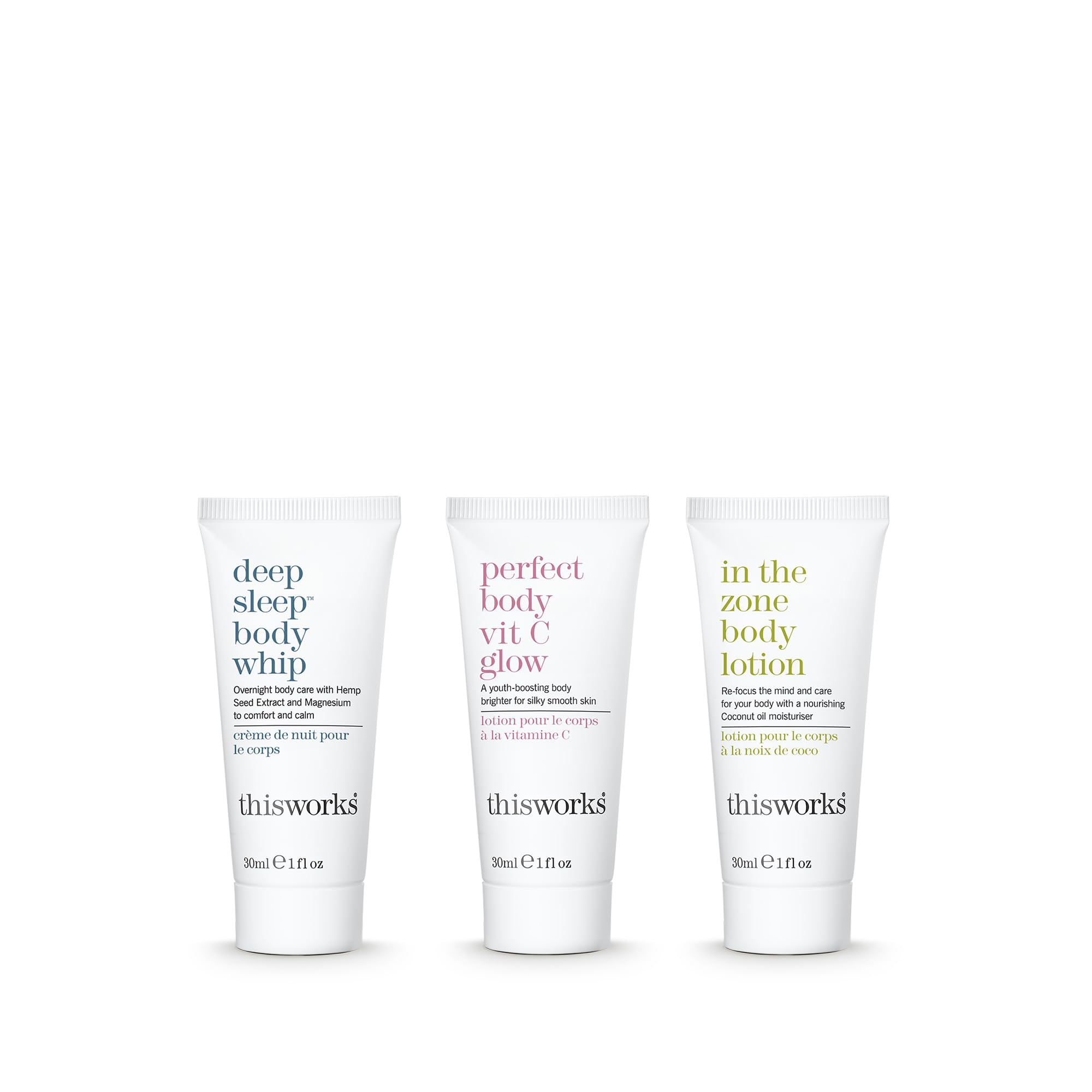 THISWORKS Blissful Trio Perfect Body Vit C Glow bottle highlights brightening and smoothing benefits.