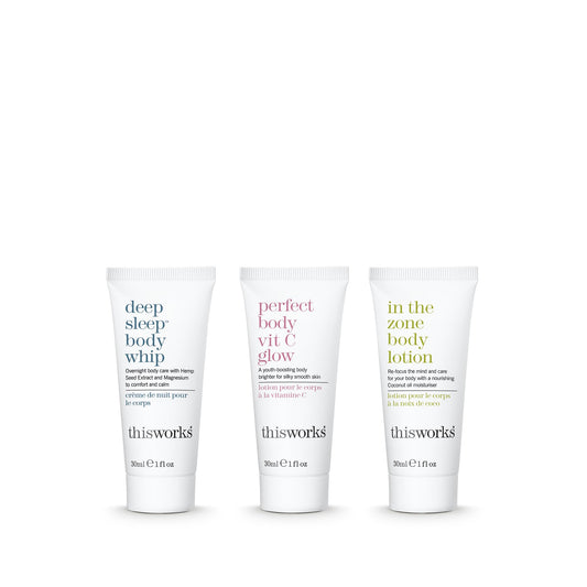 THISWORKS Blissful Trio Perfect Body Vit C Glow bottle highlights brightening and smoothing benefits.