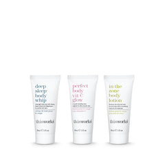 THISWORKS Blissful Trio Perfect Body Vit C Glow bottle highlights brightening and smoothing benefits.