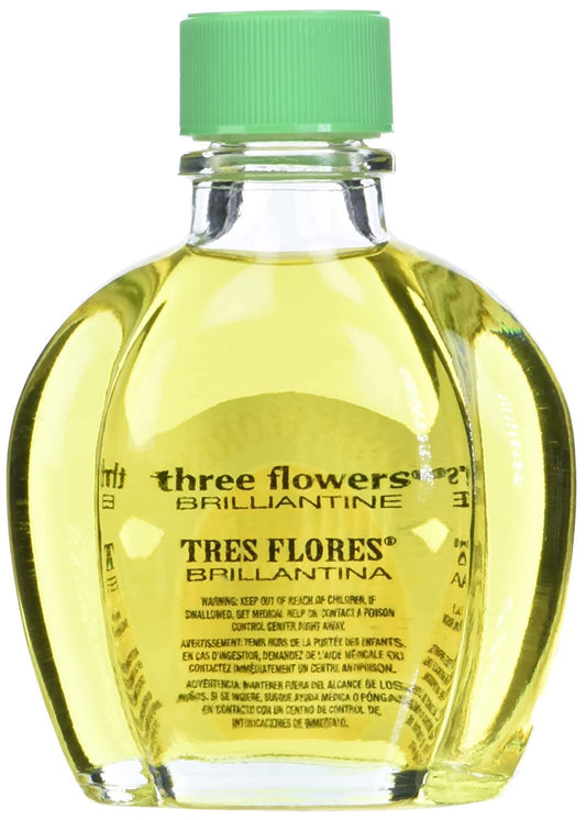 Three Flowers Brilliantine label close-up highlights lightweight formula.