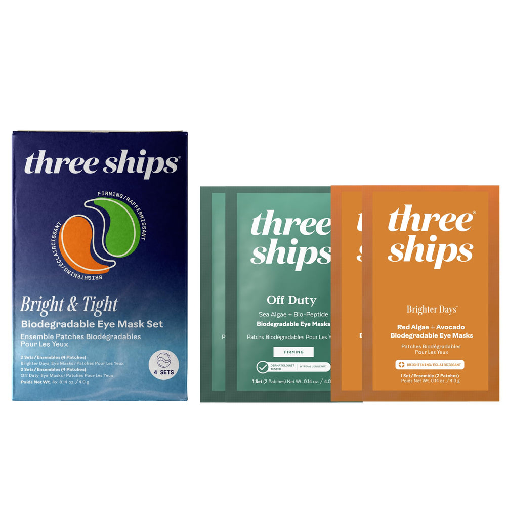 Three Ships Bright Days eye masks packaging for on-the-go hydration and depuffing.