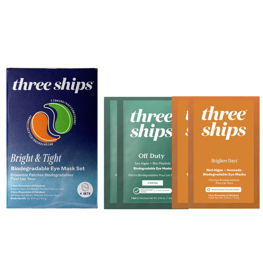 Three Ships Bright Days eye masks packaging for on-the-go hydration and depuffing.