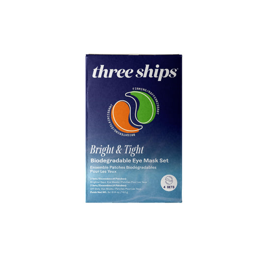 Three Ships Bright Days under-eye masks close-up highlighting hydrating formula for refreshed look.