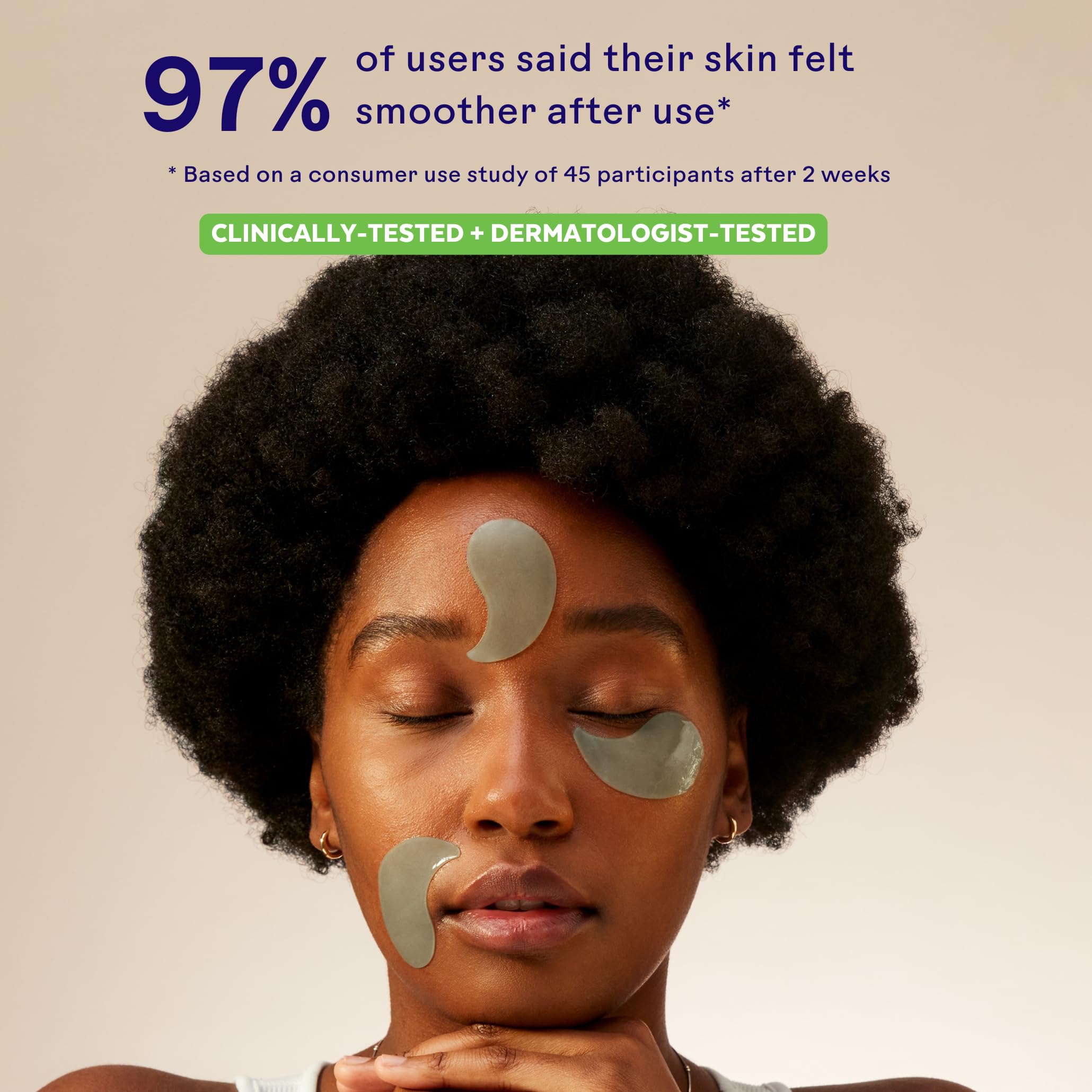 Three Ships eye masks in use on skin to soothe tired under-eye area.