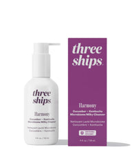 Three Ships Harmony cucumber and kombucha cleanser bottle showing milky texture for gentle cleansing