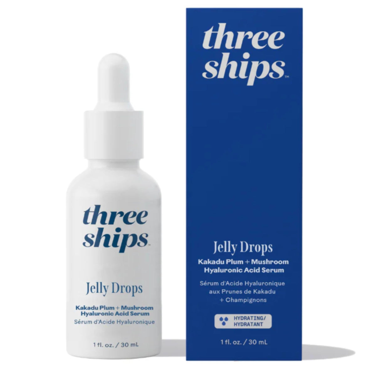 Three Ships Jelly Drops Kakadu Plum bottle close-up showing the serum for daily hydration.