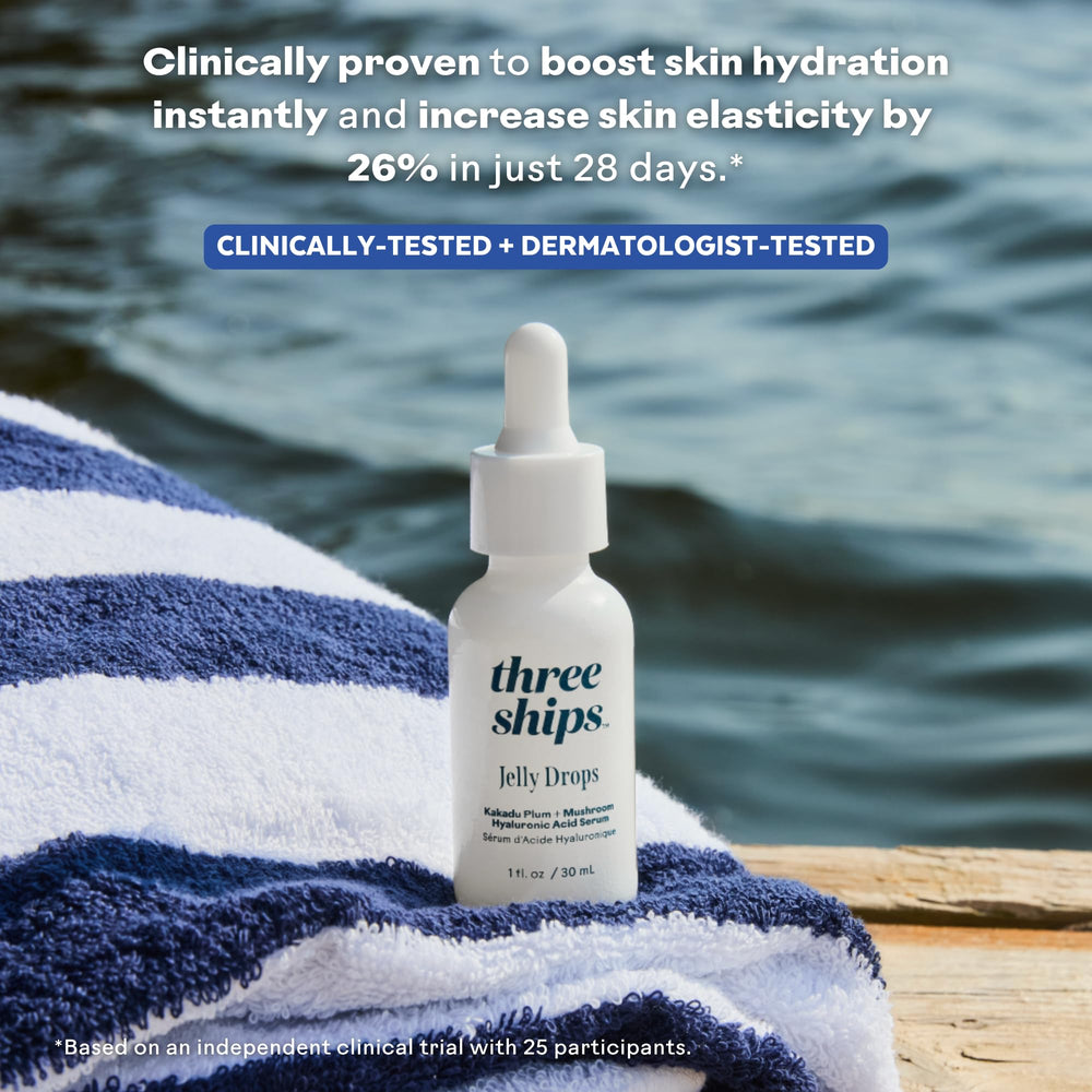 Three Ships Jelly Drops red algae hydration visual suggesting deeper moisture retention.