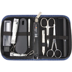 Three Swords Germany manicure kit case in blue for travel storage.