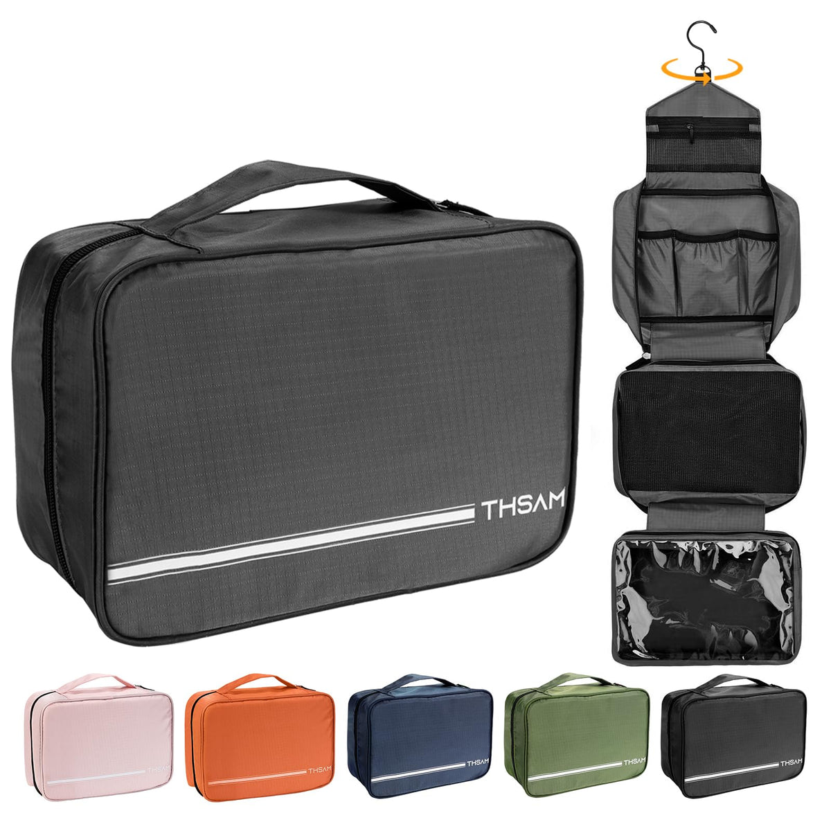 THSAM travel toiletry bag with hanging hook for easy access on the go