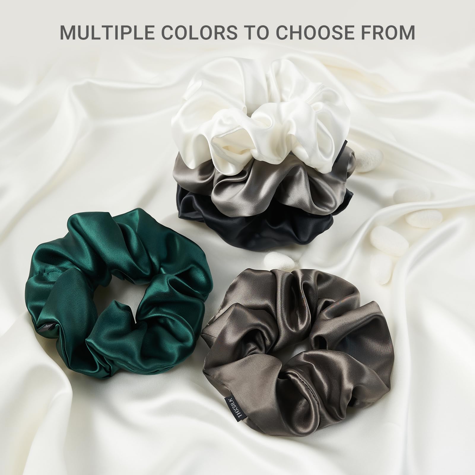 THXSILK silk scrunchie close-up showing smooth fabric texture and shine.