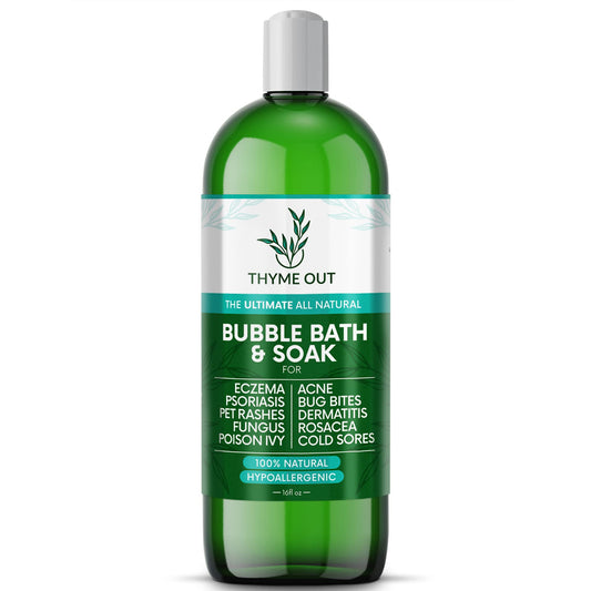 Thyme Out bubble bath being poured for a calming soak