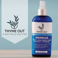 Thyme Out application on face demonstrates gentle, even mist across cheeks and forehead.