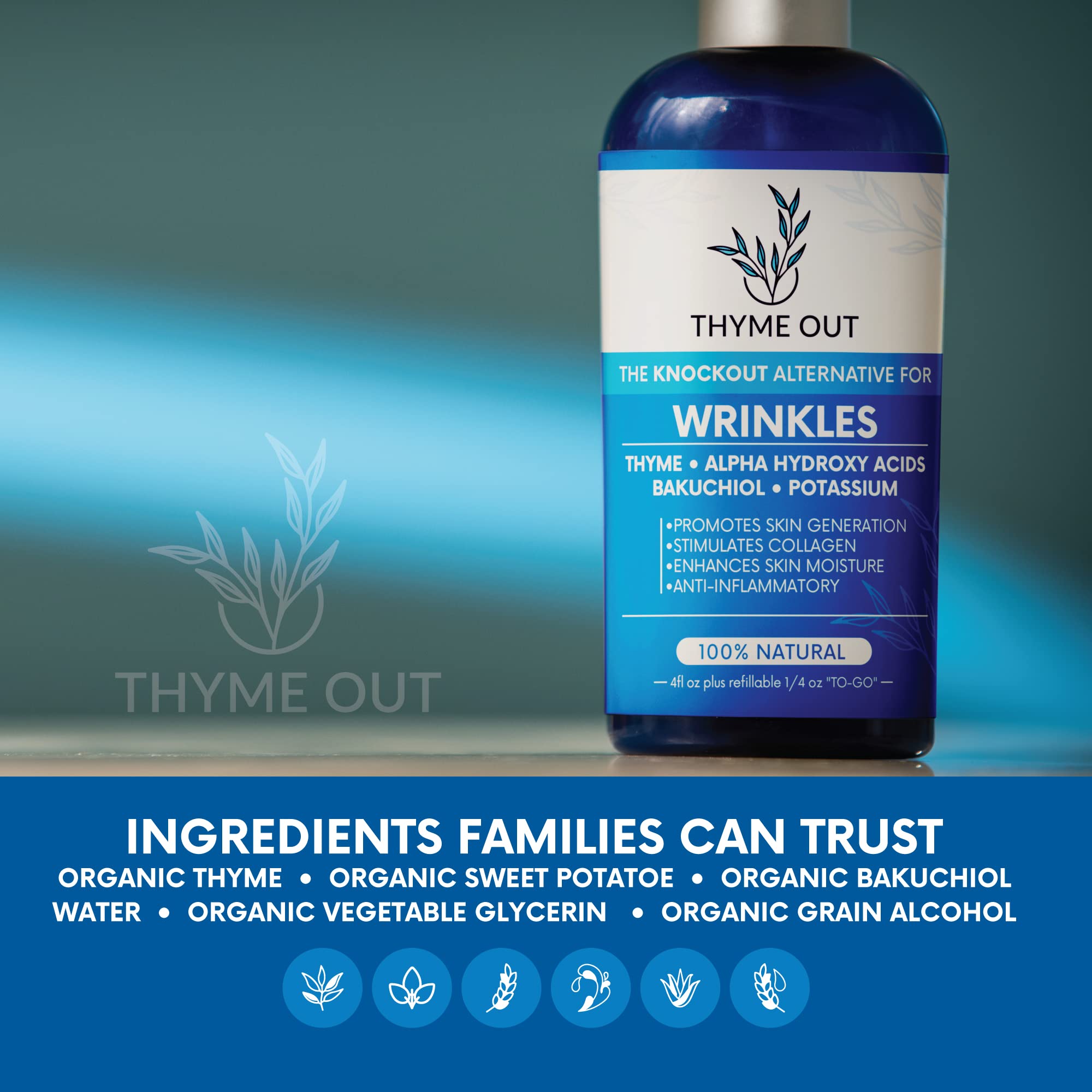 Thyme Out night routine shot highlights convenient, travel-friendly spray.