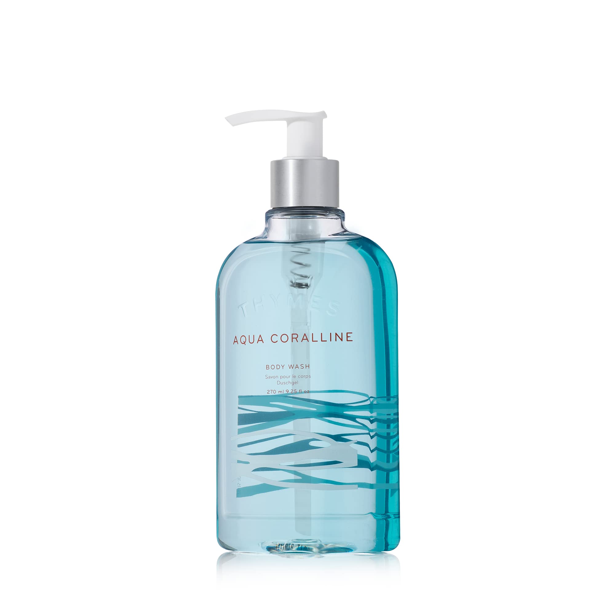 Thymes Aqua Coralline bottle with pump delivers easy, fragrant cleansing.