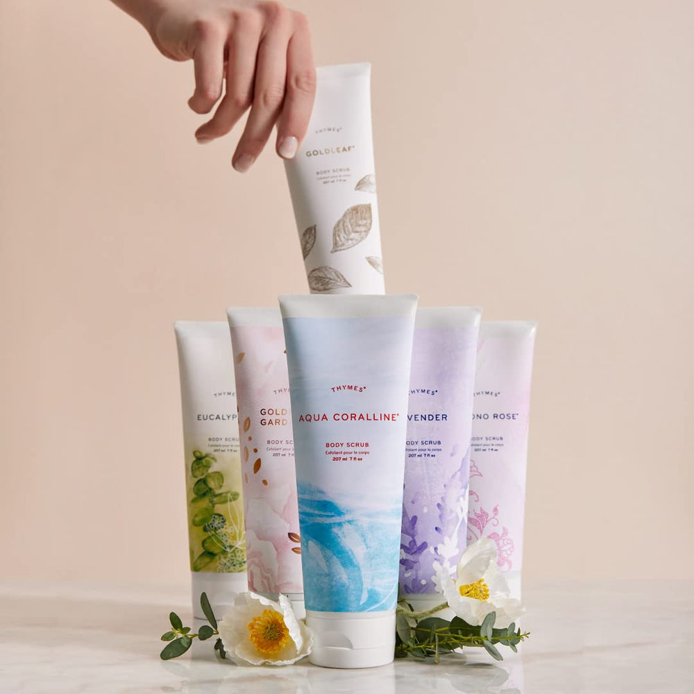 Thymes Aqua Coralline fragrance notes of water lily and driftwood.