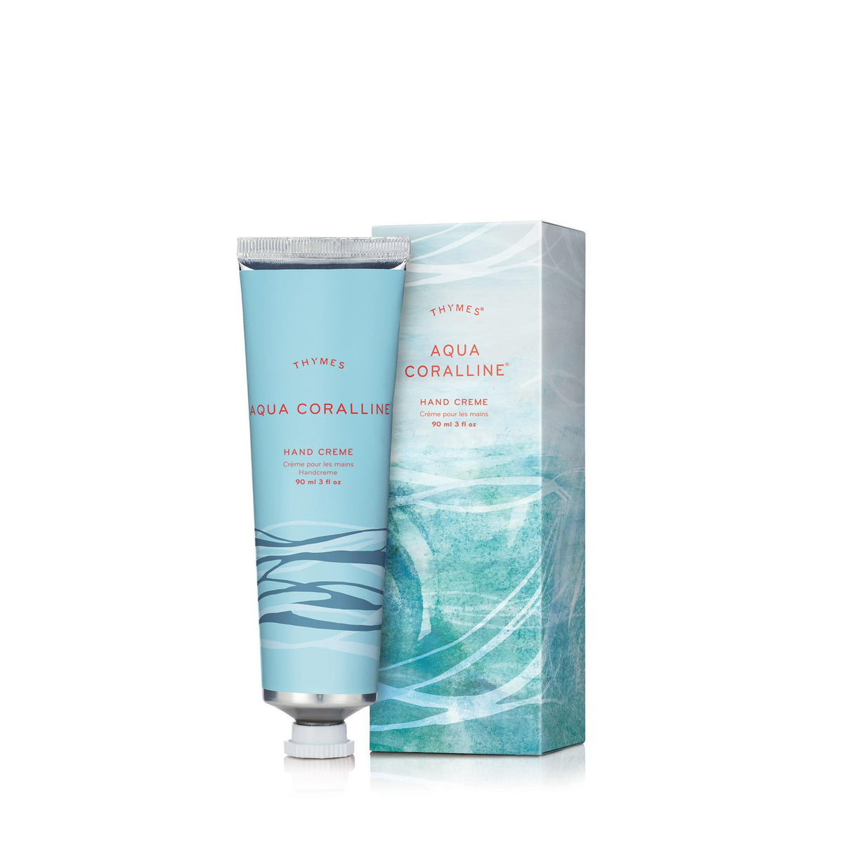 Thymes Aqua Coralline hand cream bottle showing rich moisture for daily care.