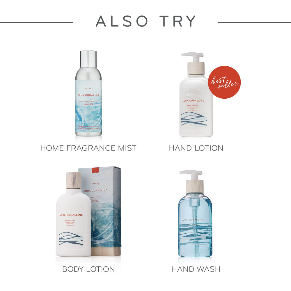 Thymes Aqua Coralline scent notes image hints water lily and driftwood for serene vibes.