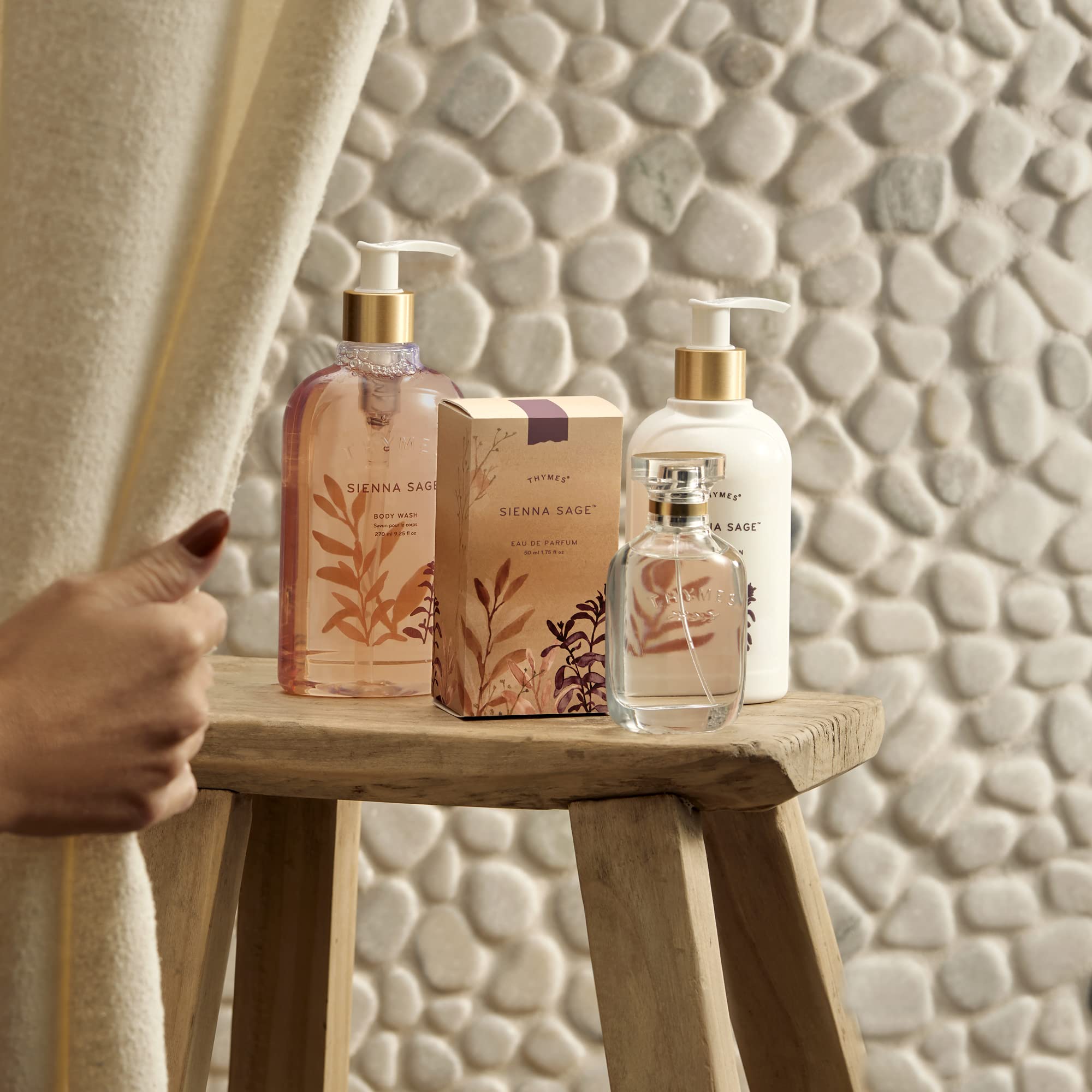 Botanical-inspired artisan design on Thymes bottle
