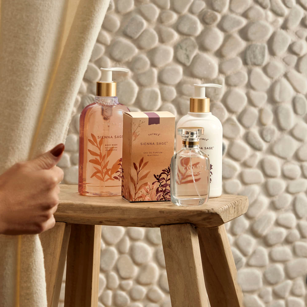 Botanical-inspired artisan design on Thymes bottle